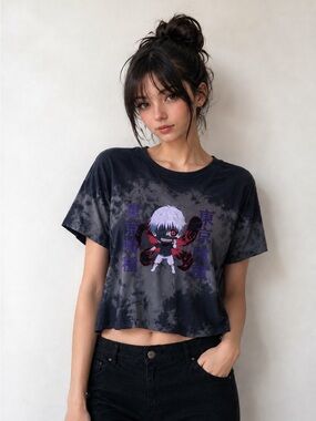 Hot Topic Black Tie-Dye Tokyo Ghoul Crop Tee with Purple Graphic